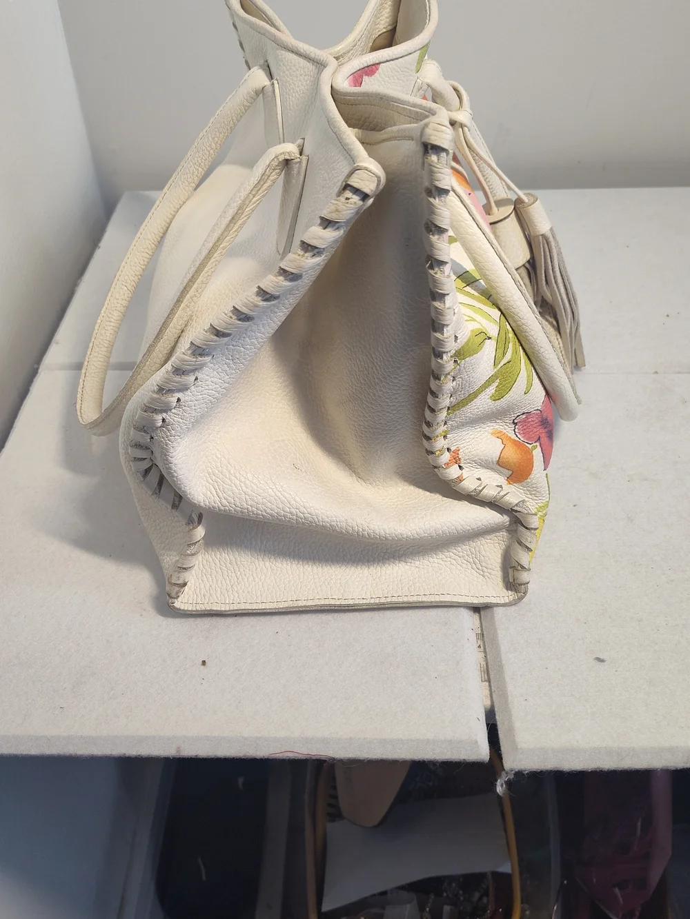 Floral Whipstitch Tassel Tote - Cream with Pink & Orange Flowers